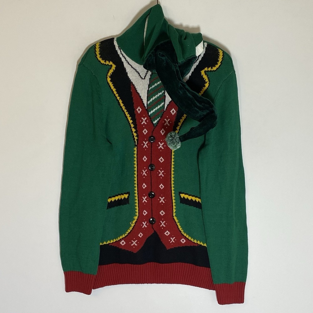 Ugly Christmas Sweater Mens Medium Green Elf Suit Costume Pom Hat Holiday Party